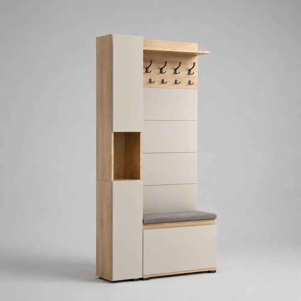 Schuhschrank mit Sitzbank, Garderobenpaneel und 8 Haken aus Spanplatte, Beige/Eiche/Grau, 100 × 35 × 200 cm