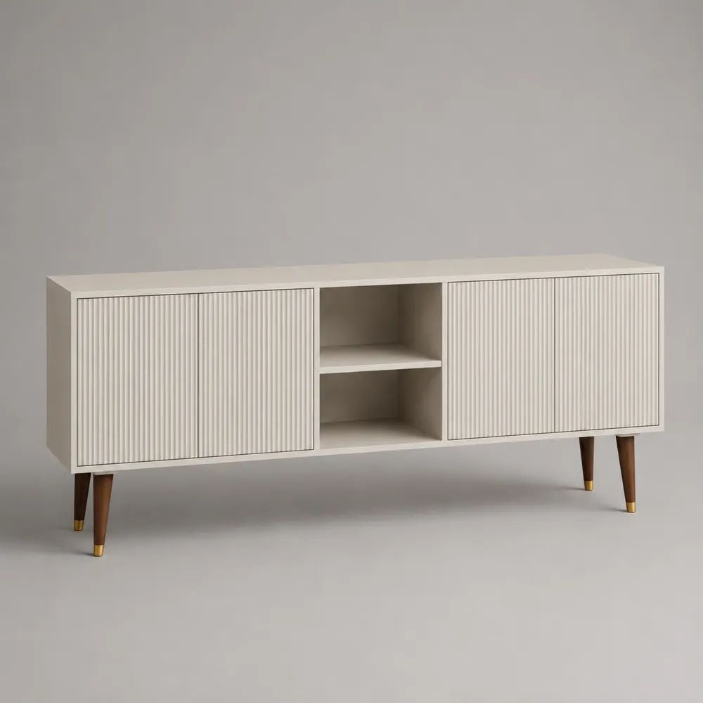 Sideboard aus MDF mit 2 Türen und 2 offenen Fächern, Cremeweiß/Walnussbraun, 140 × 40 × 75 cm