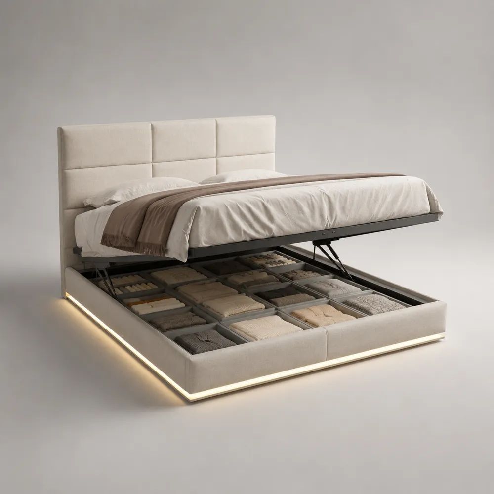 Polsterbett mit Bettkasten und warmweißer LED-Beleuchtung aus Polyester und Stahl, Beige/Schwarz, Liegefläche 180 x 200 cm, Gesamtmaß 220 x 200 x 120 cm