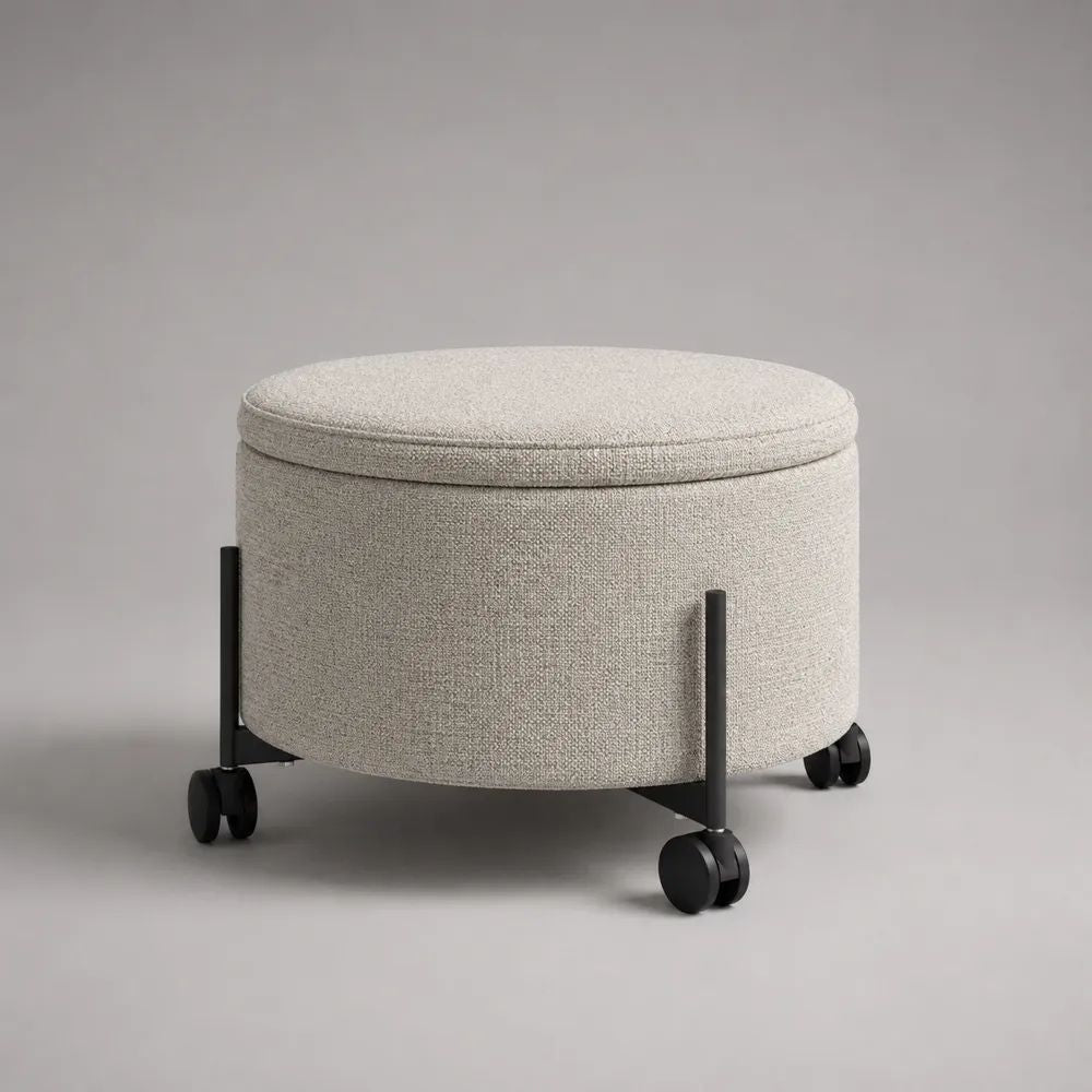 Runder Fußhocker mit Stauraum und Rollen, Polyester-Bouclé, Cremeweiß/Schwarz, 50 × 50 × 46 cm