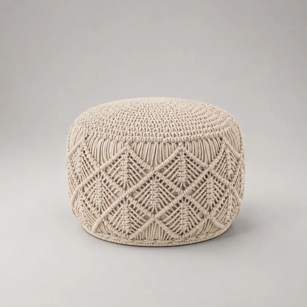Runder Sitzpouf und Fußhocker aus Baumwollkordel, Creme, Ø 50 × H 35 cm