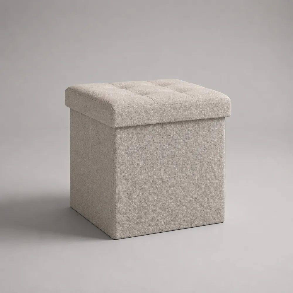 Faltbarer Sitzhocker mit Stauraum aus Polyester und MDF, quadratisch, Beige, 38 × 38 × 38 cm