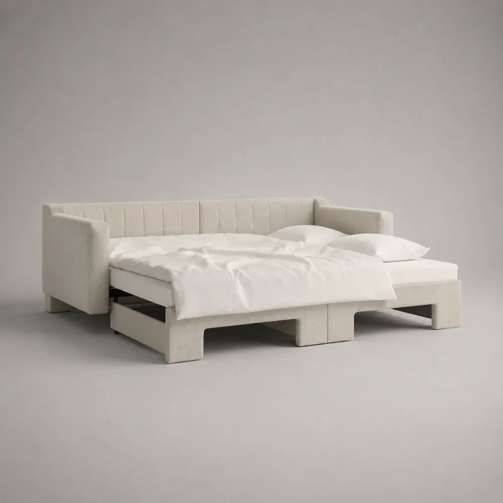 Schlafsofa mit Ausziehfunktion, Polyesterbezug und Massivholzrahmen, Cremeweiß, 220 x 100 x 82 cm, Liegefläche 160 x 200 cm
