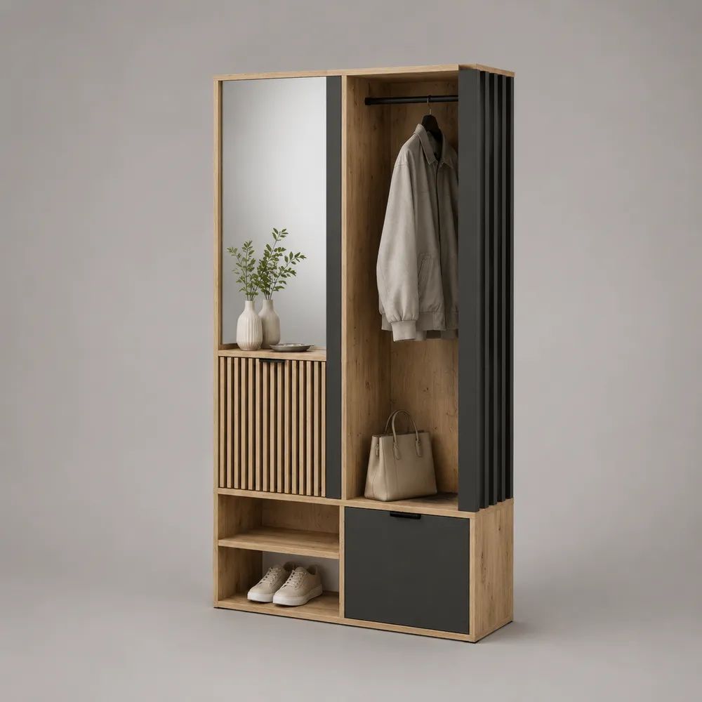 Garderobenschrank mit Schuhschrank und Spiegel aus melaminharzbeschichteter Spanplatte, Eiche Natur/Anthrazit, 120 × 40 × 200 cm