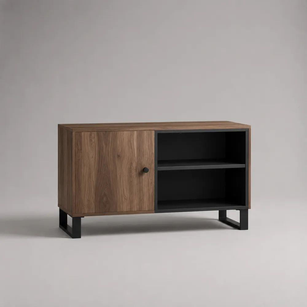 Sideboard mit Tür und 2 offenen Fächern aus Spanplatte und Stahl, Walnussbraun/Schwarz, 100 × 35 × 70 cm