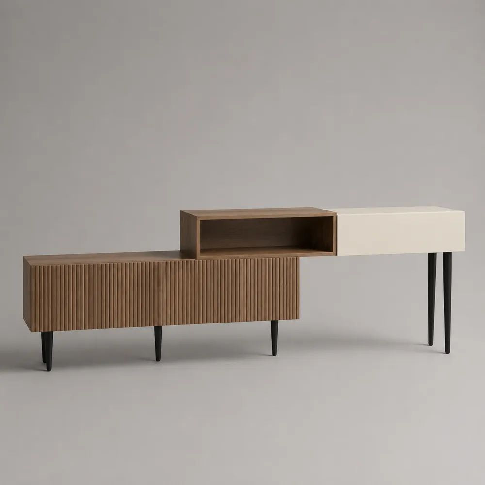 Sideboard mit offenem Regal aus MDF und Stahl, Walnussbraun/Weiß/Schwarz, 220 × 40 × 85 cm