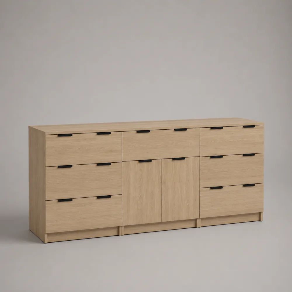 Sideboard aus Spanplatte mit 7 Schubladen und 2 Türen, Eichefarben/Schwarz, 180 × 40 × 85 cm