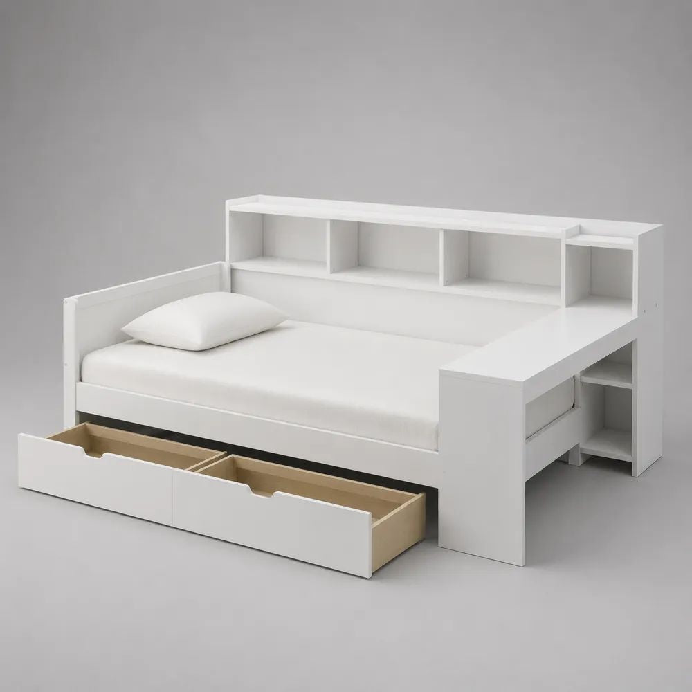 Tagesbett mit 2 Schubladen und Regalaufsatz, Holz, Weiß, Liegefläche 90 x 200 cm, Gesamtmaß 218 x 116 x 120 cm