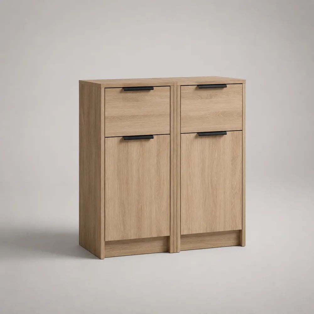 Sideboard Kommode aus Spanplatte mit 2 Schubladen und 2 Türen, Eichefarben/Schwarz, 100 x 40 x 120 cm