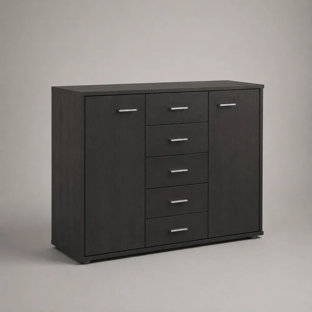 Sideboard mit 2 Türen und 5 Schubladen aus melaminbeschichteter Spanplatte, Schwarz/Silber, 120 × 35 × 95 cm