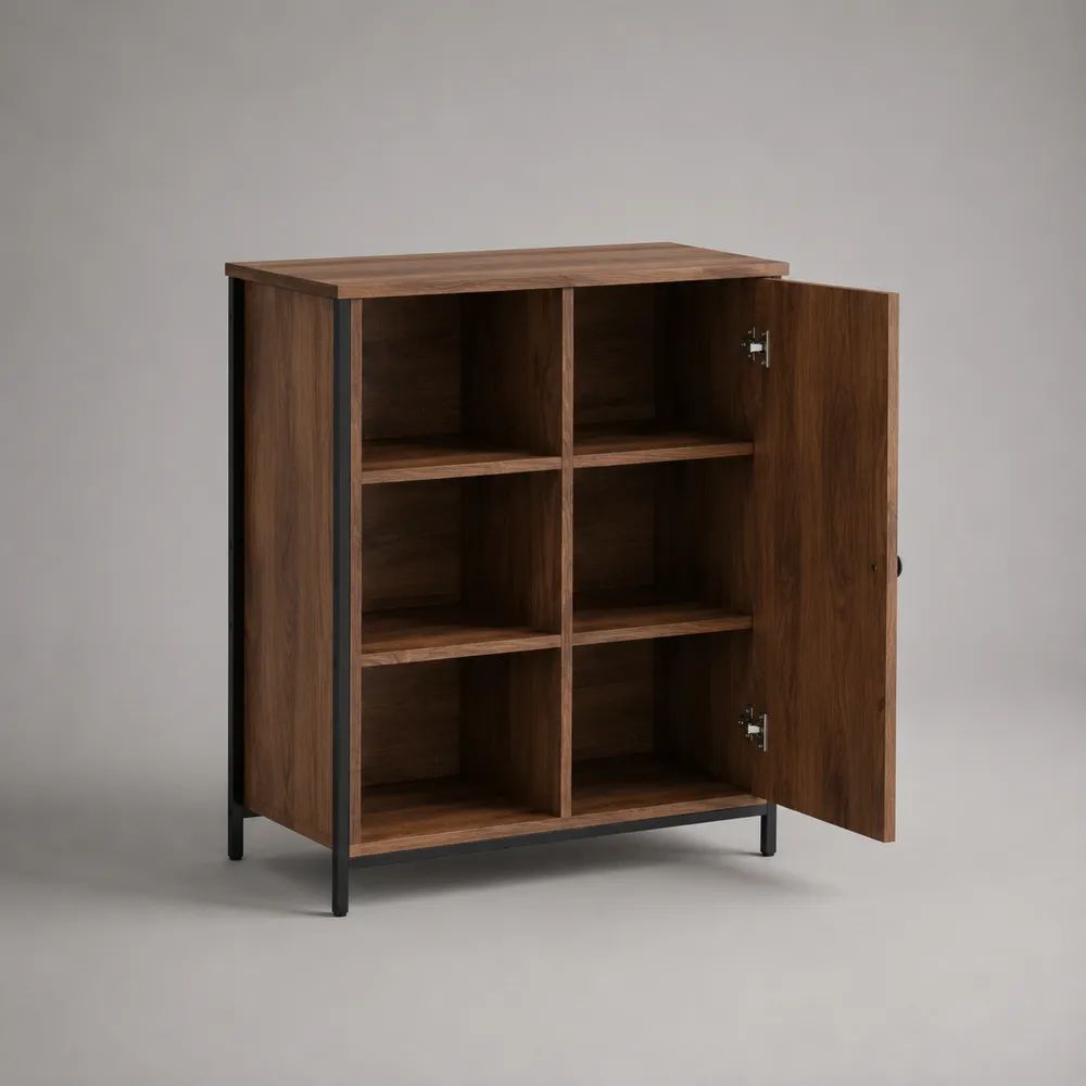 Highboard mit 2 Türen und 6 Fächern aus melaminbeschichteter Spanplatte mit Stahlgestell, Walnussbraun/Schwarz, 100 × 120 × 40 cm