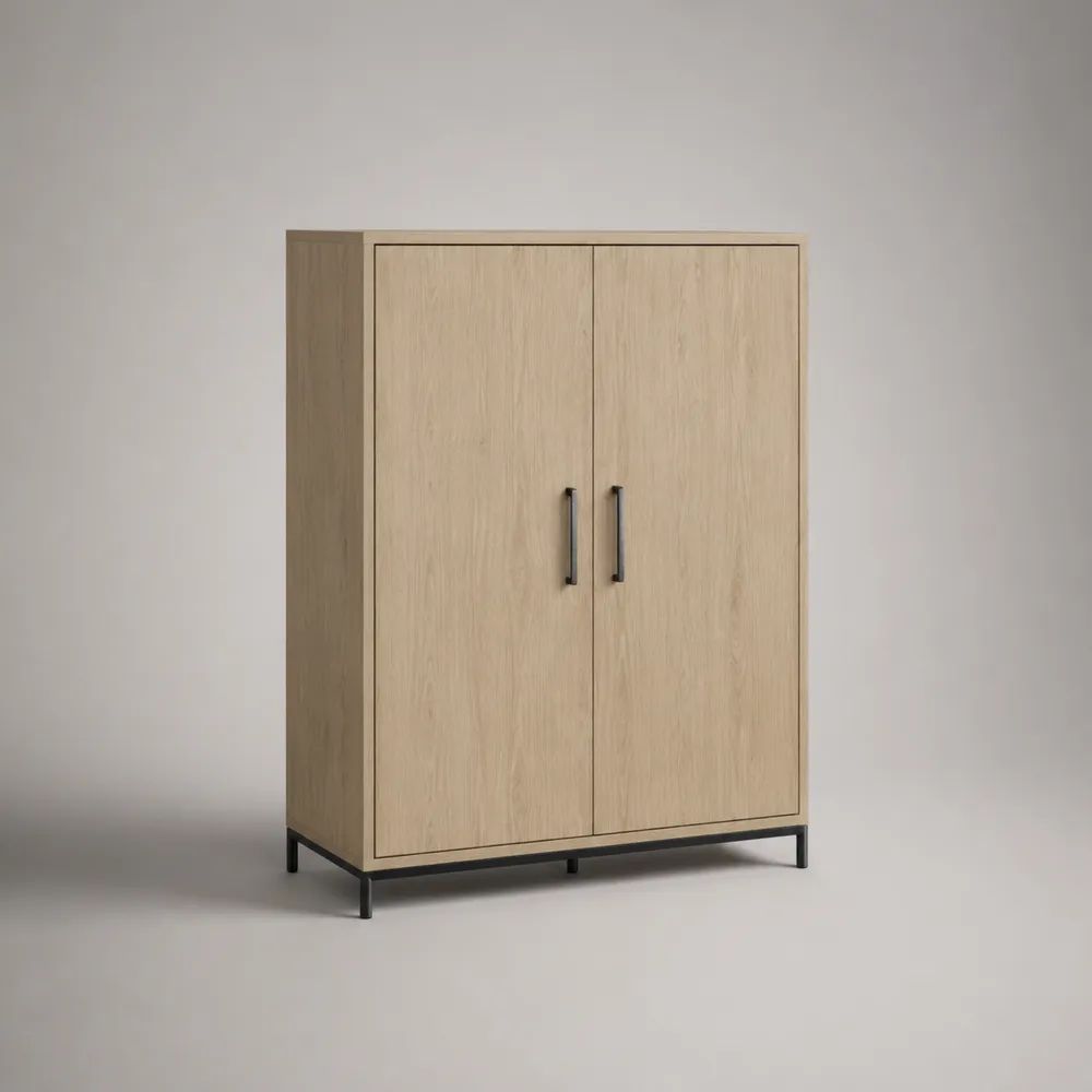 Highboard-Buffetschrank aus Holz mit 2 Türen und Stahlgestell, Natureiche/Schwarz, 100 × 40 × 140 cm