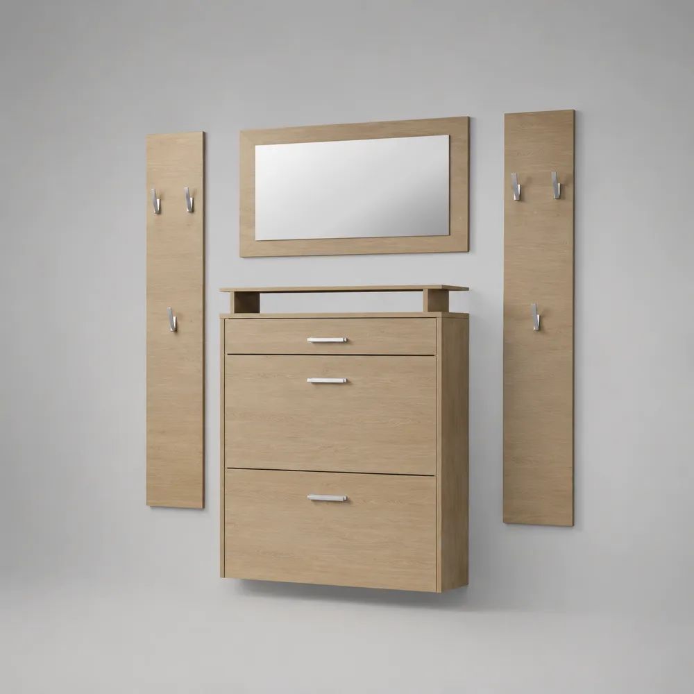 4-teiliges Garderobenset aus Spanplatte in Heller Eiche/Silber, Schuhschrank 80 × 28 × 105 cm, Spiegel 90 × 50 cm und 2 Wandpaneele je 25 × 140 cm