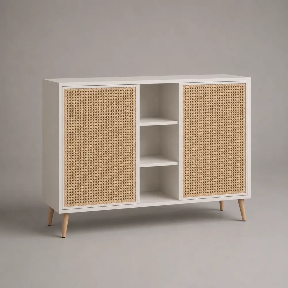 Sideboard mit Rattangeflecht, 2 Türen und 3 offenen Fächern, MDF, Weiß/Natur, 120 × 40 × 90 cm