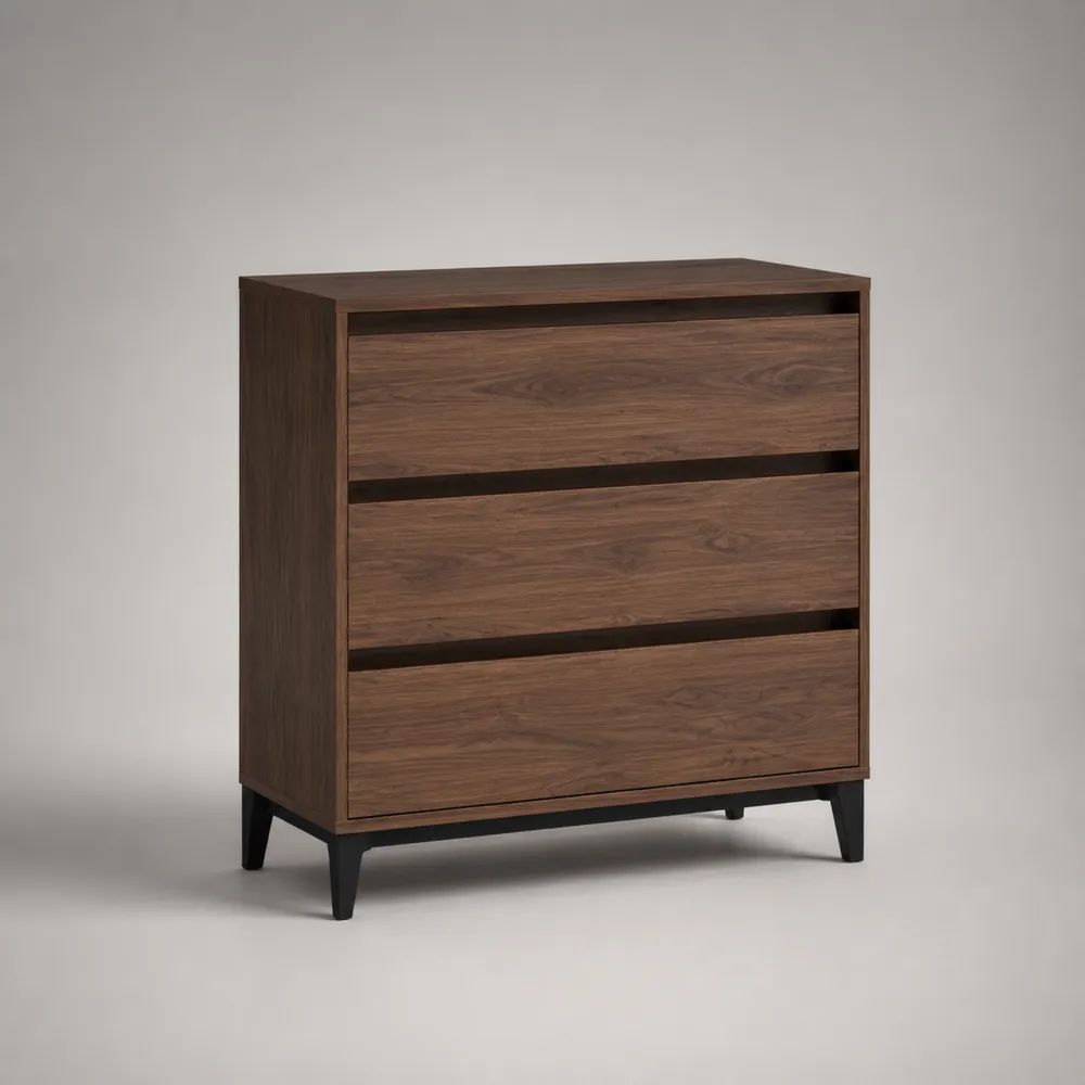 Kommode mit 3 Schubladen aus MDF mit Walnussfurnier, Walnussbraun/Schwarz, 80 × 40 × 90 cm