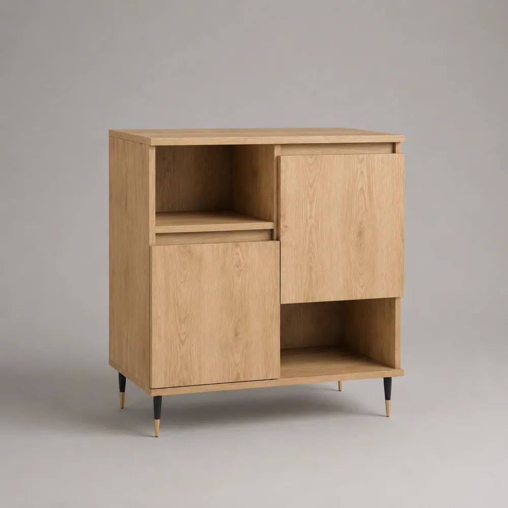 Sideboard aus MDF mit Eichenfurnier, 2 Türen und 2 offenen Fächern, Naturfarben, 90 × 40 × 100 cm