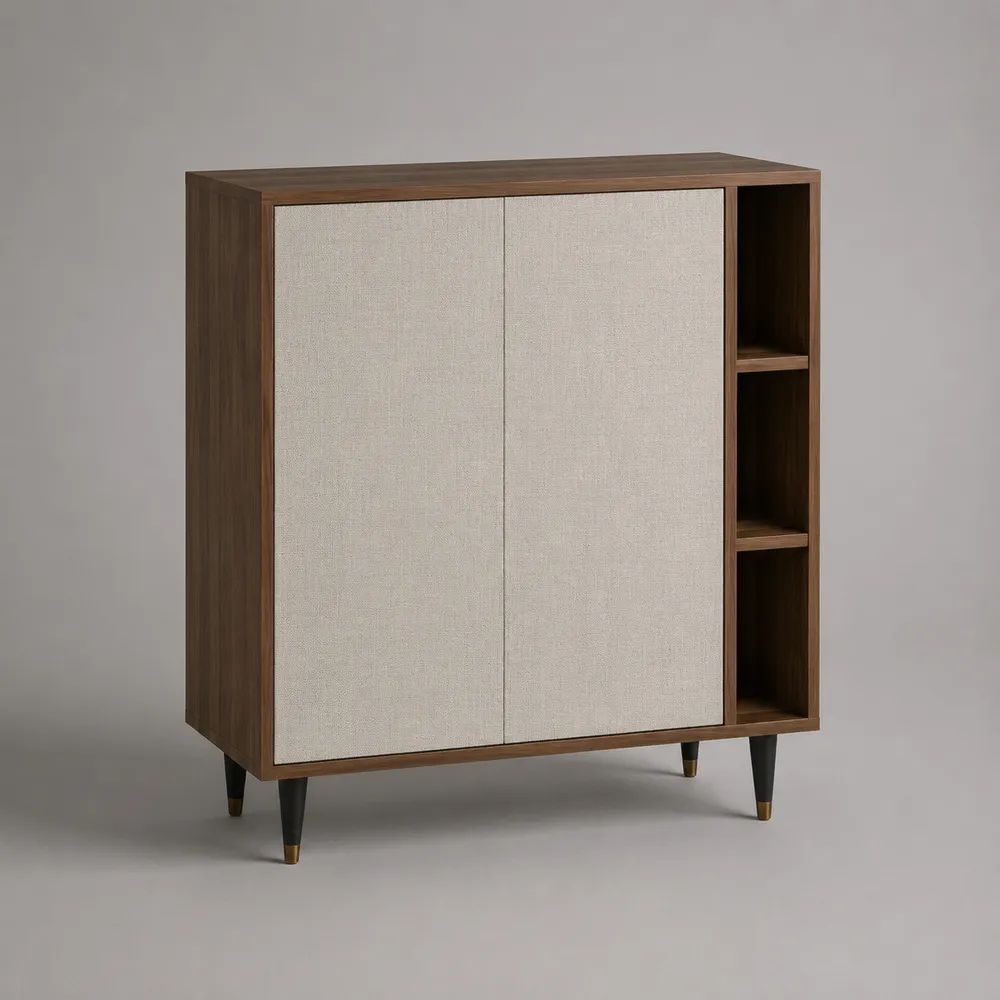 Highboard Buffetschrank aus MDF mit Walnussfurnier und Polyesterfronten, Braun/Beige, 120 x 40 x 130 cm