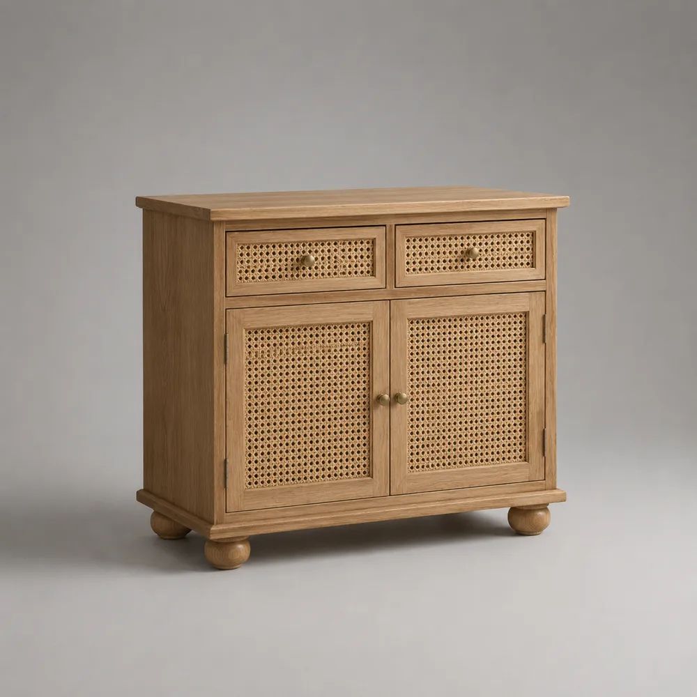 Buffetschrank aus Holz und Rattangeflecht mit 2 Türen und 2 Schubladen, Naturholz/Beige, 90 × 40 × 90 cm