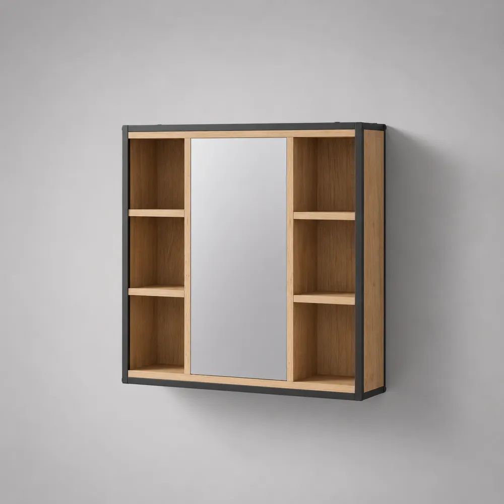 Badregal mit Spiegel und 6 offenen Fächern aus Holzwerkstoff und Stahl, Natur/Schwarz, 80 × 15 × 70 cm