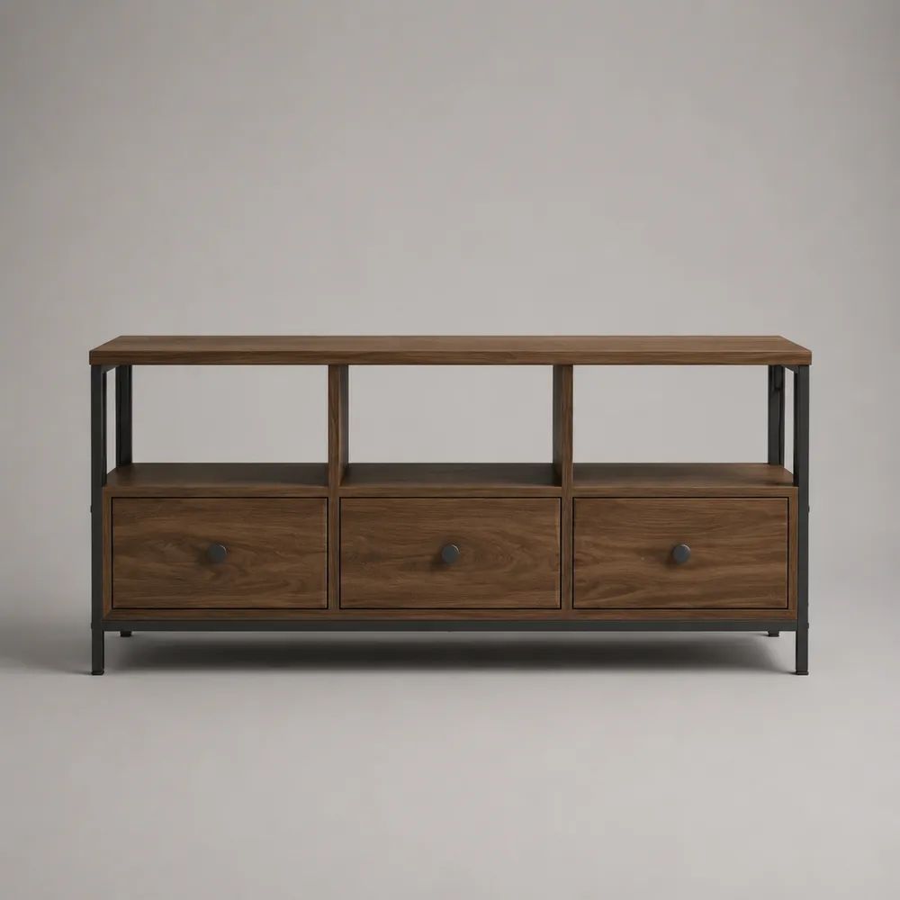 Wohnzimmerregal mit 3 Schubladen aus MDF mit Walnussfurnier und Stahl, Braun/Schwarz, 150 × 40 × 76 cm