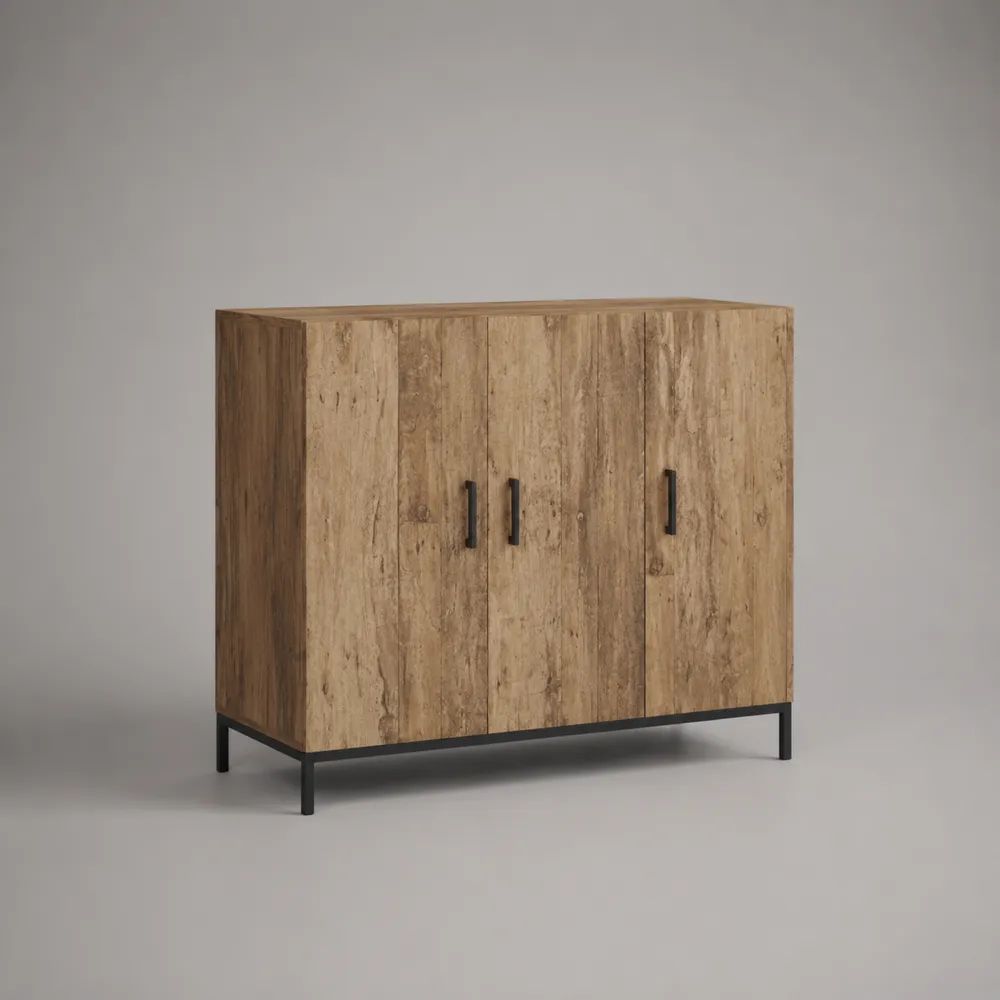 Sideboard mit 3 Türen aus melaminbeschichteter Spanplatte und Stahl, Naturbraun/Schwarz, 140 × 40 × 120 cm