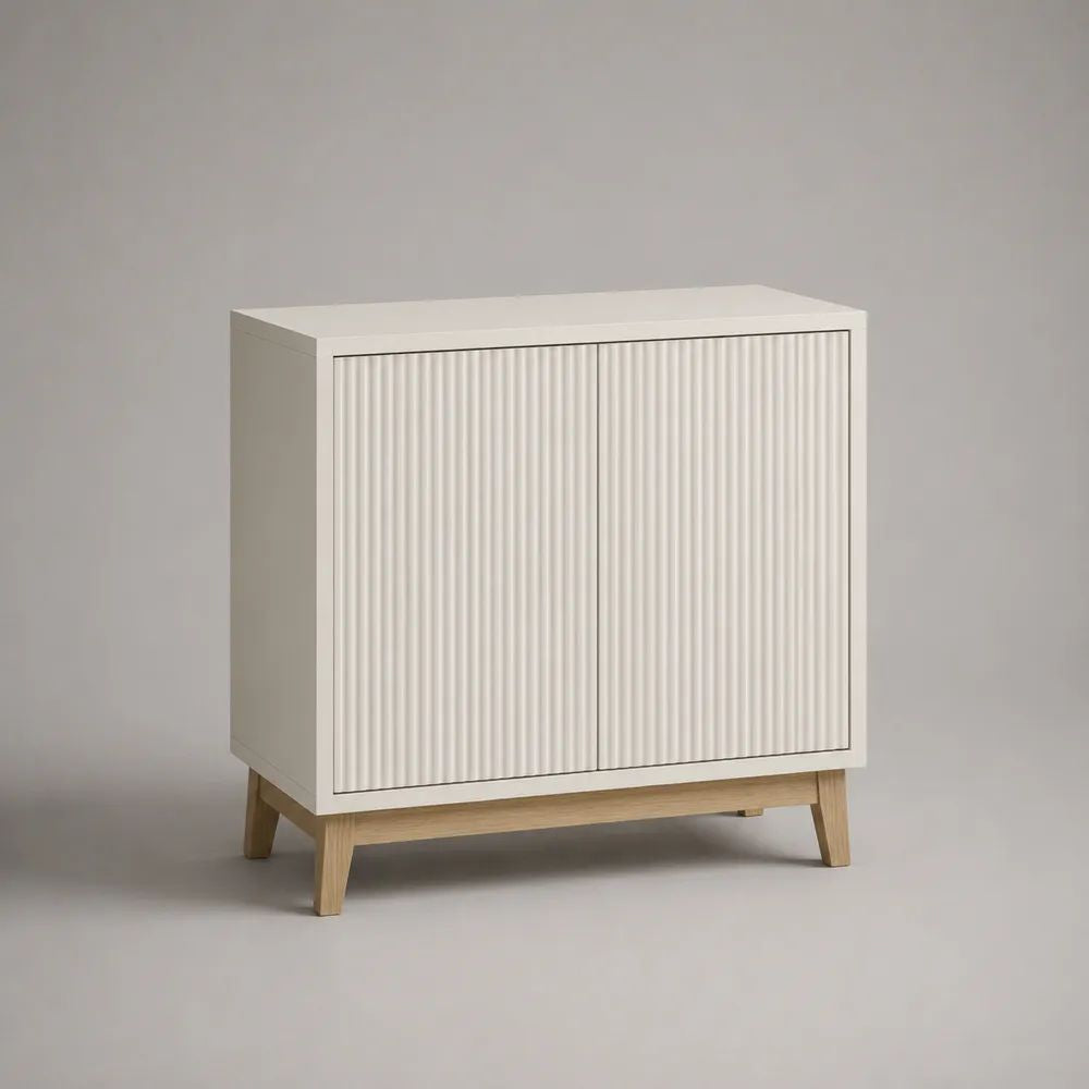 Sideboard-Kommode mit 2 Türen aus MDF und Kautschukholz, Weiß/Natur, 80 × 40 × 90 cm