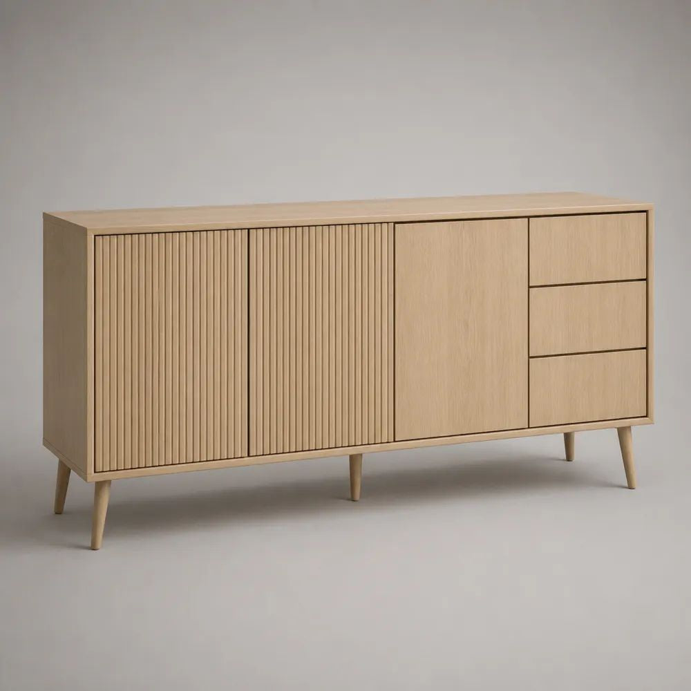 Sideboard mit 3 Türen und 3 Schubladen, MDF mit Eichenfurnier, Natur, 160 × 40 × 80 cm