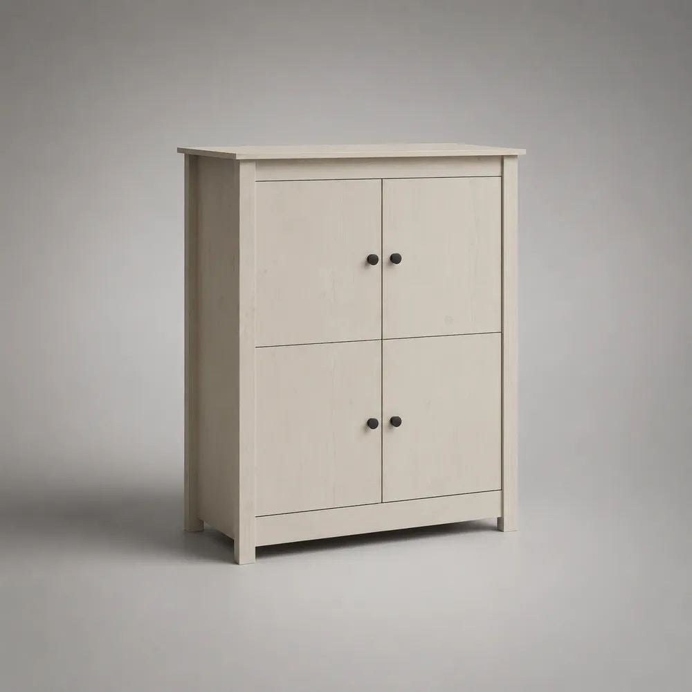 Highboard aus massivem Kiefernholz mit 4 Türen, Weiß/Schwarz, 90 × 40 × 110 cm
